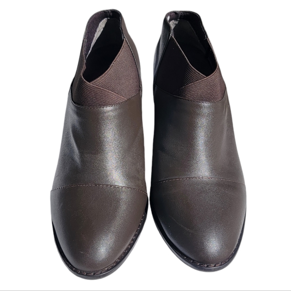 Vionic Point Ankle Boot Brown Leather Chunky Heel Pull On Bootie